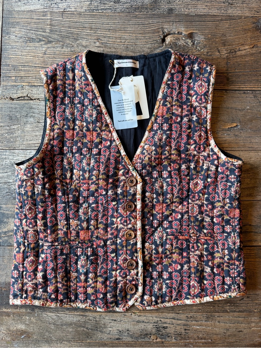 Quilted Floral Button Front Vest - Black with Red Floral